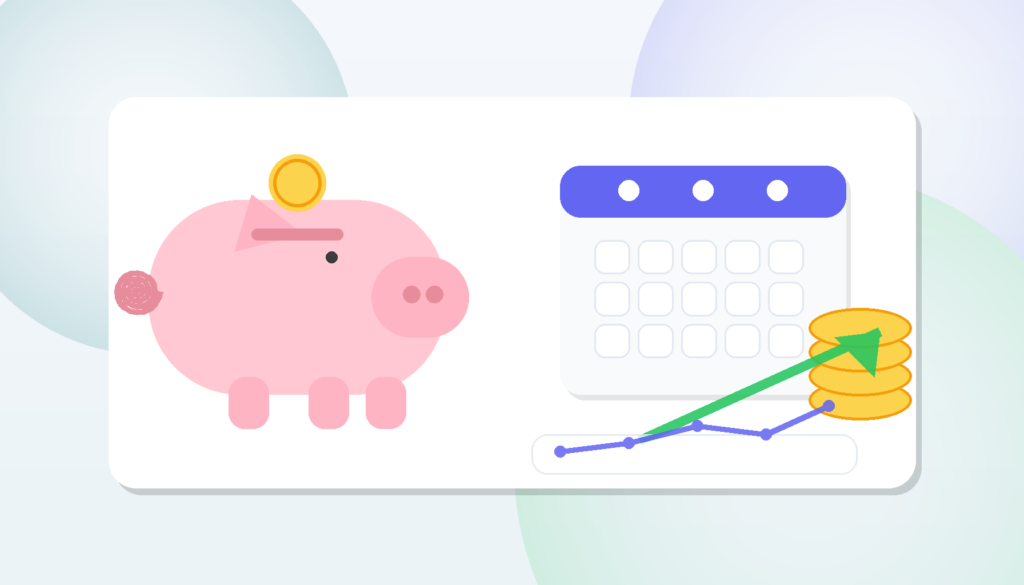 Ilustración de ahorro y planificación financiera con hucha, calendario y monedas.